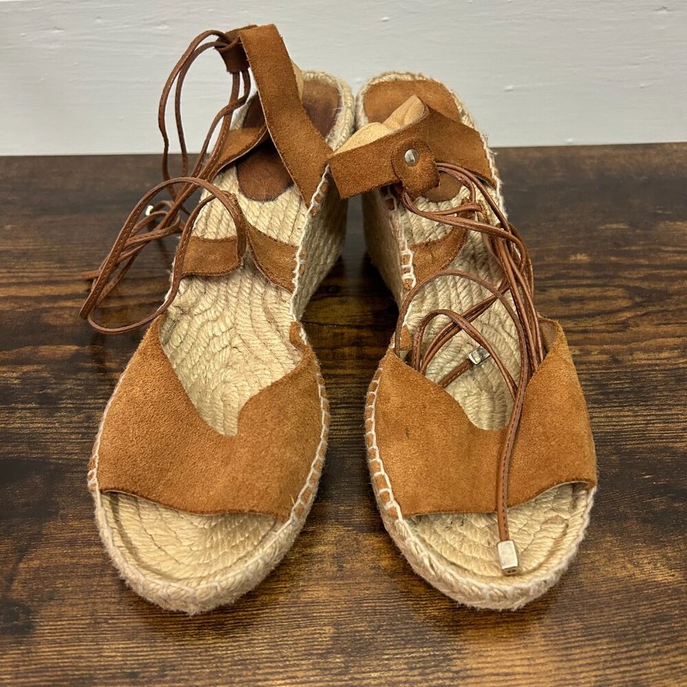 Romena Brown Leather Strap Ankle Lace Up Tie Wedge Espadrille Heels 38